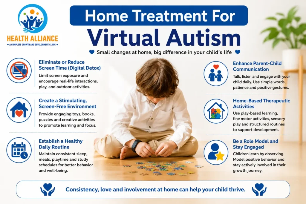 In this image showing a Home Treatment For Virtual Autism’ showing a young child sitting on the floor and playing, surrounded by tips such as reducing screen time, creating a stimulating screen-free environment, maintaining a healthy routine, encouraging parent-child communication, engaging in home-based therapeutic activities, and being a positive role model.