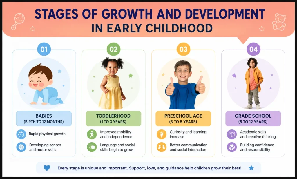 showing the stages of growth and development in early childhood. The chart highlights four stages: Babies (birth to 12 months), Toddlerhood (1 to 3 years), Preschool Age (3 to 5 years), and Grade School (5 to 12 years). Each stage includes child illustrations, milestone descriptions, and icons representing physical, social, language, and learning development. The design features soft pastel colors, rounded panels, and a modern child-friendly layout.