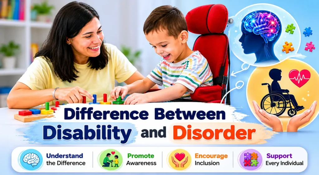he difference between disability and disorder, showing a smiling therapist interacting with a child seated in a supportive chair. The design includes Health Alliance branding, educational icons, and text highlighting inclusion, support, and understanding.