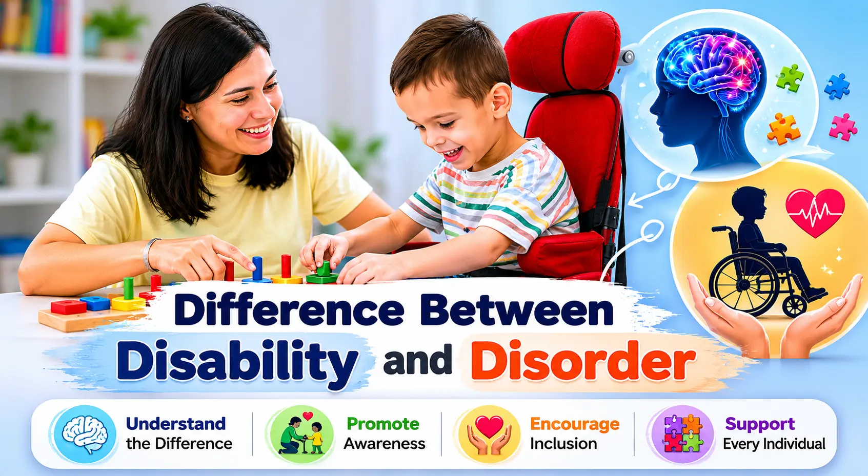 he difference between disability and disorder, showing a smiling therapist interacting with a child seated in a supportive chair. The design includes Health Alliance branding, educational icons, and text highlighting inclusion, support, and understanding.