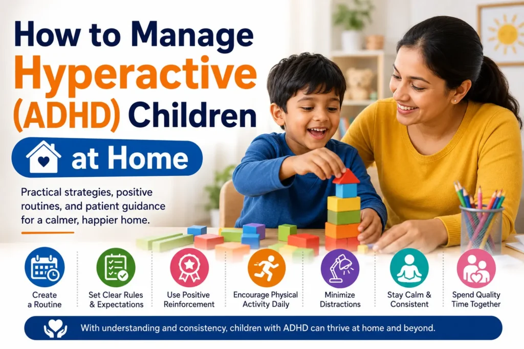Mother helping a hyperactive ADHD child play with colorful blocks at home, with educational text about managing ADHD children through routines, positive reinforcement, calm parenting, and reducing distractions.