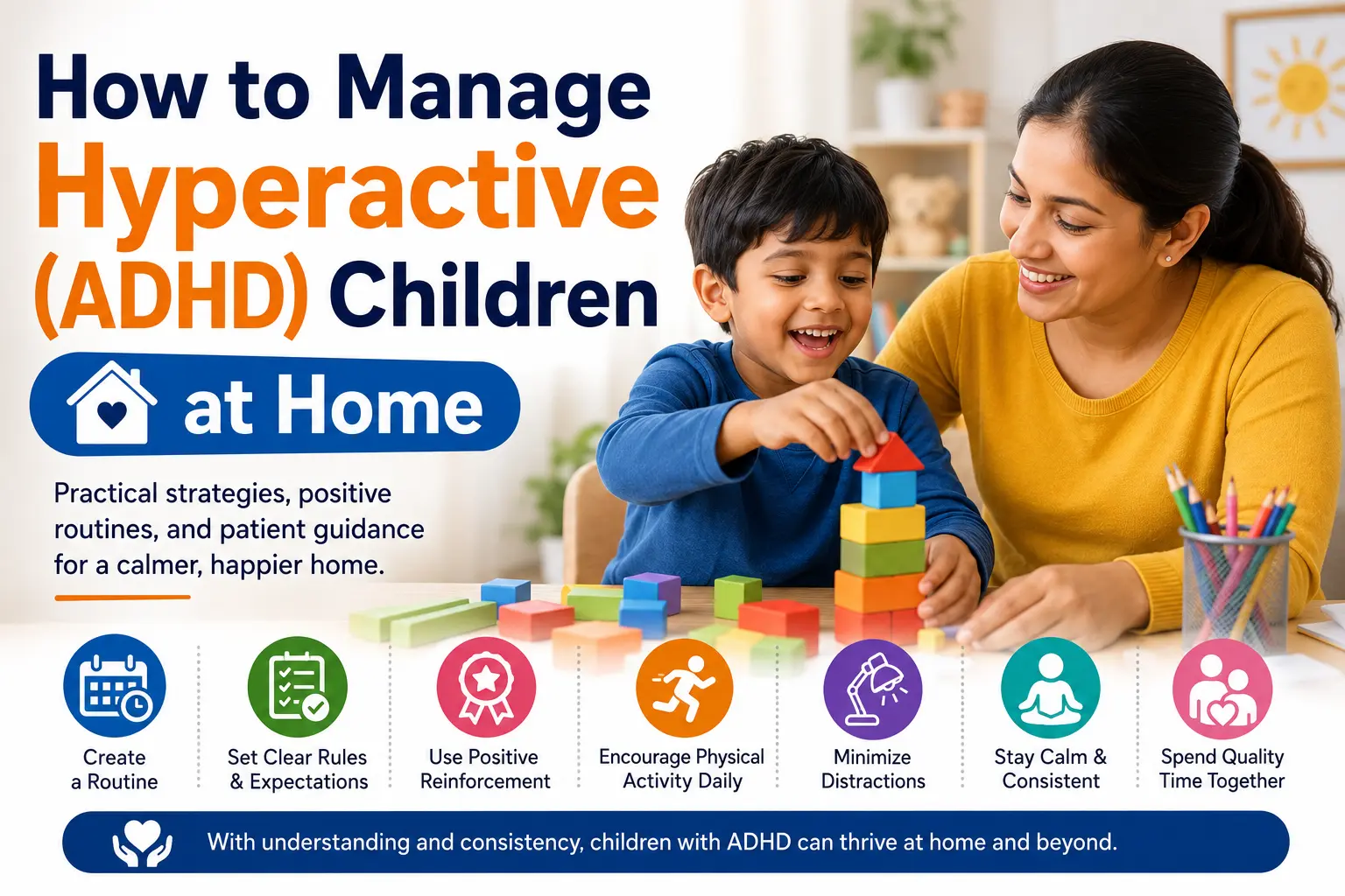 Mother helping a hyperactive ADHD child play with colorful blocks at home, with educational text about managing ADHD children through routines, positive reinforcement, calm parenting, and reducing distractions.