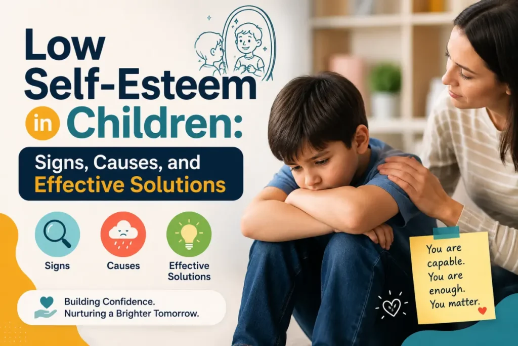 Generate a featured image for Low Self-Esteem in Children: Signs, Causes, and Effective Solutions