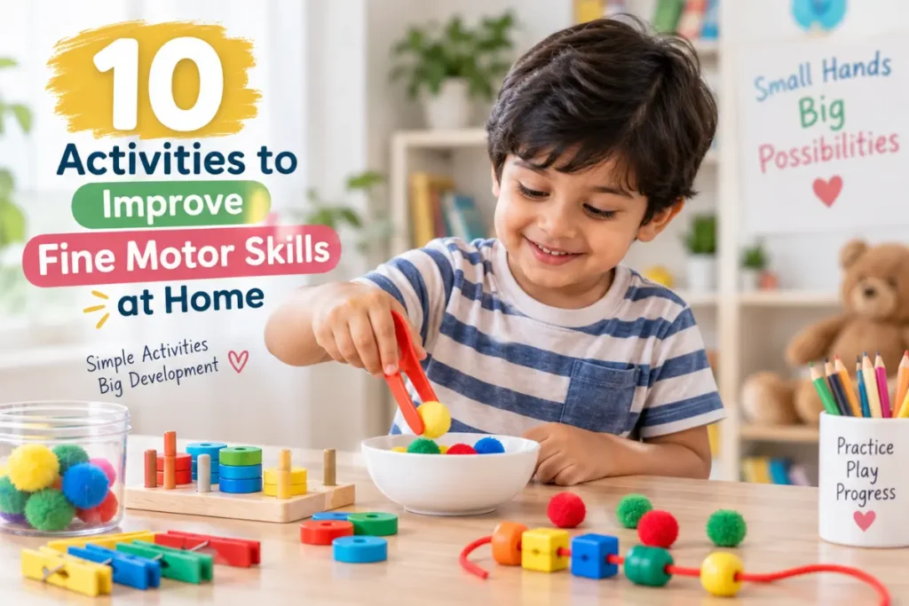 Child practicing fine motor skills at home using tongs, colorful pom-poms, beads, and developmental activity toys.