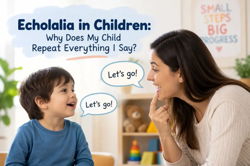 A young child repeats the words “Let’s go!” while interacting with an adult in a warm, supportive learning environment, illustrating echolalia in children and repeated speech patterns.