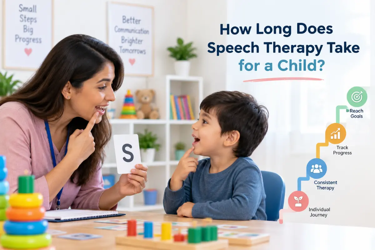 A speech therapist helps a young child practice pronunciation using a letter flashcard, illustrating the individualized progress and journey of speech therapy for children.